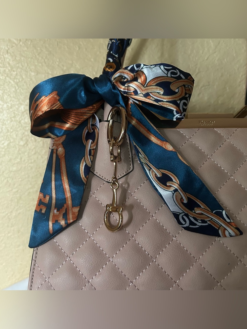 Twilly Women Handbag Scarf French Baroque Print Gold Teal White